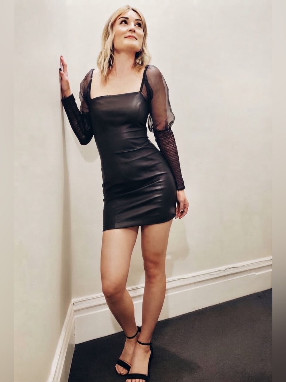 Lulu's Black Faux Leather Sheer Puff Sleeve Dress